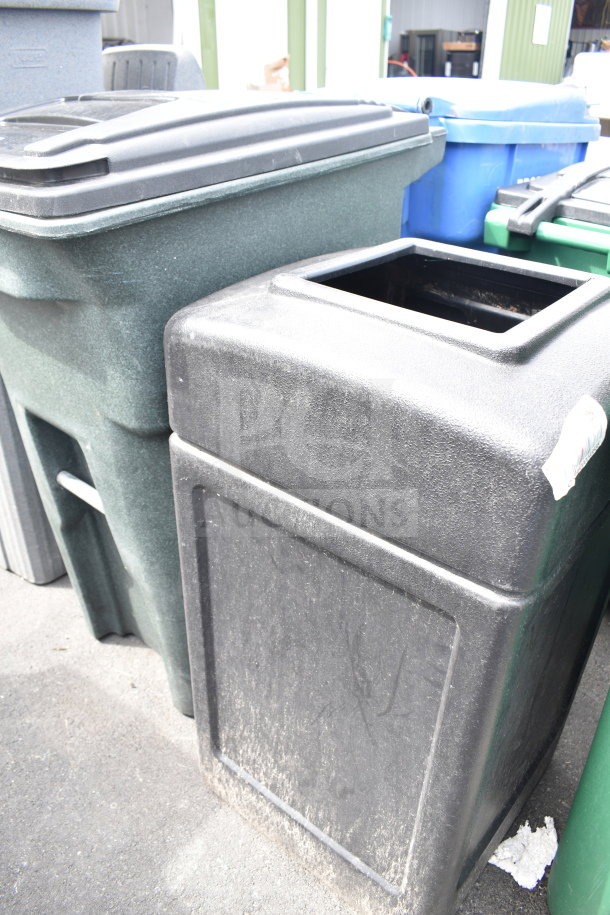Two poly trash cans, one green with lid and one black with an open top. Used condition. Auction lot includes both.