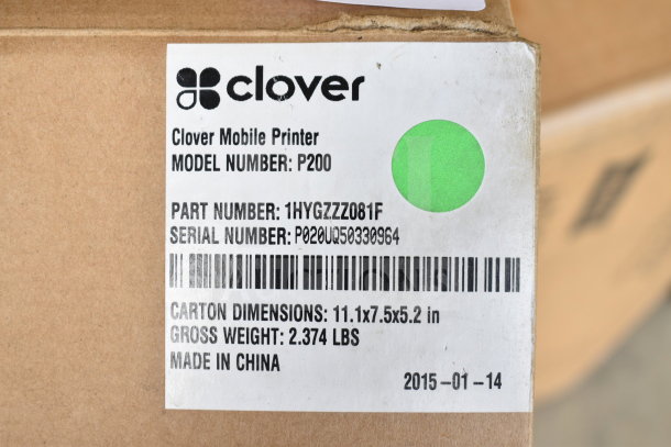 Clover P200 Mobile Printer, new in original box. Model number: P200. Dimensions: 11.1x7.5x5.2 inches, weight: 2.374 lbs. Made in China.