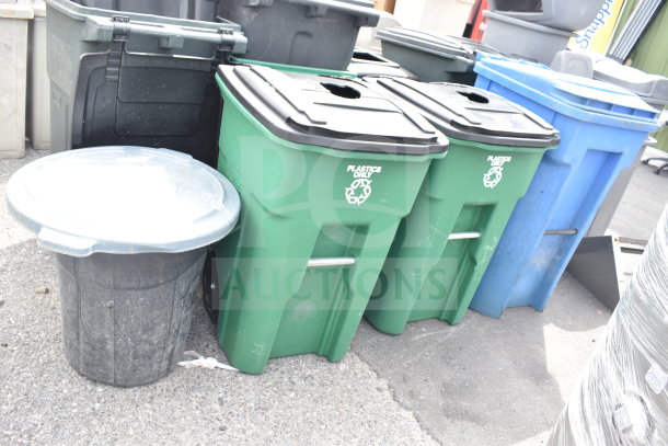 Four poly trash cans, varying colors, including green for plastics. Used condition, sturdy build, labeled for "Plastics Only."