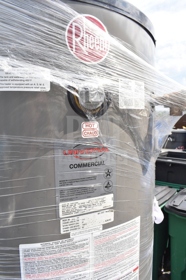 Rheem Universal G100-200 100 Gallon Natural Gas Water Heater, new, commercial use. Labels detail features and specs.