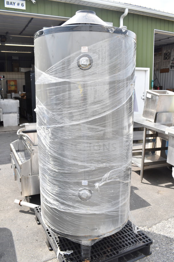 Rheem Universal G100-200 commercial 100-gallon natural gas water heater. Features labels for hot and cold. Wrapped for protection.