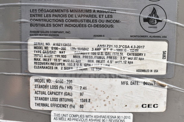 Rheem Universal G100-200 Commercial Water Heater, 100 Gallon, Natural Gas, Model G100-200. Manufactured 04/2021. Tags show specs.