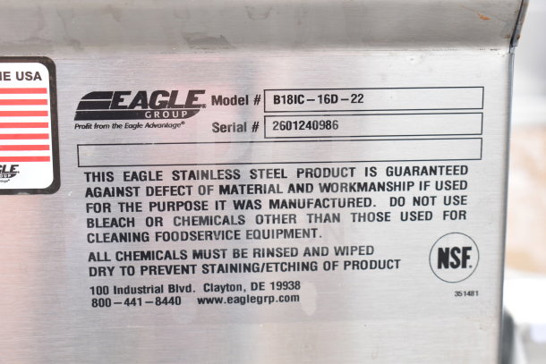 BRAND NEW SCRATCH AND DENT Eagle B18IC-16D-22 24"x18" underbar ice chest, 87 lb, stainless steel, no legs. Model and serial info visible.
