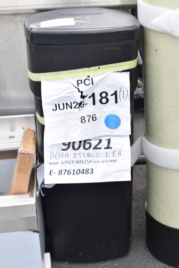 BRAND NEW SCRATCH AND DENT! 3M CFSM1254 Water Softener, Vinylester, 9 GPM. Labels show model and date: 3/5/2026.