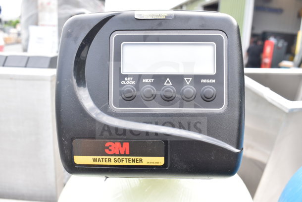 3M Water Softener Tank with control panel, buttons labeled for clock and regen settings, includes brand label, model 34-8710-3425-1.