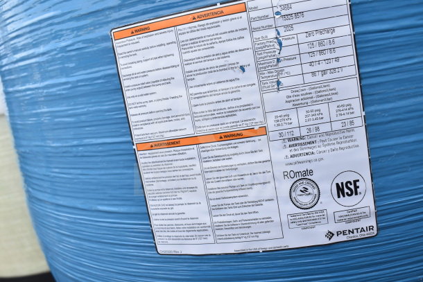 2025 Everpure 34684 ROmate 80 tank, 25.6-gallon capacity, blue exterior, labeled with safety warnings and certification marks.