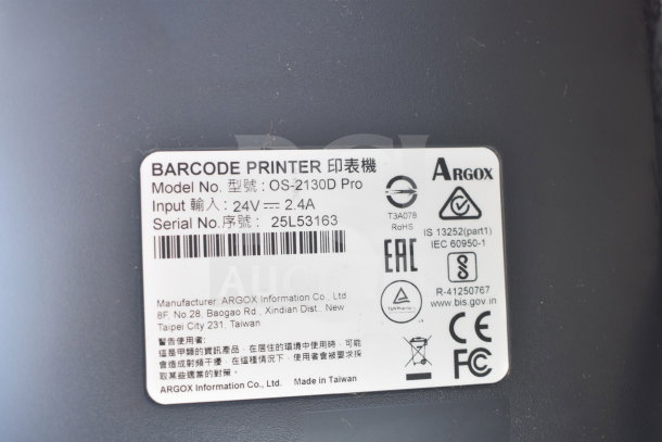 BRAND NEW Argox OS-2130D Pro Thermal Label Printer, scratch and dent condition, model details and certifications shown.