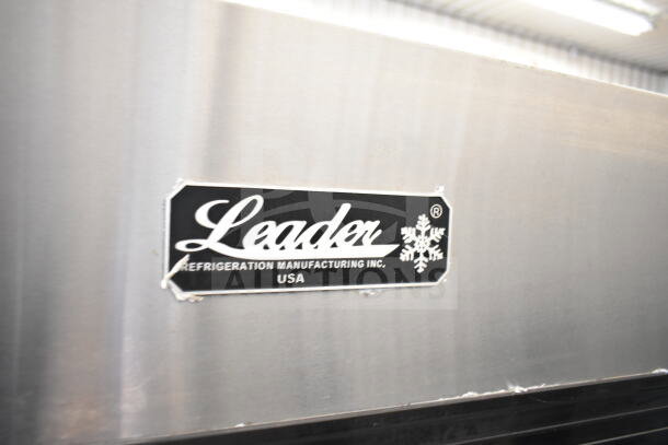 Leader ESLS48 S/C commercial cooler with 2 doors, 115 volts, 1 phase. Stainless steel exterior. Leader label displayed.