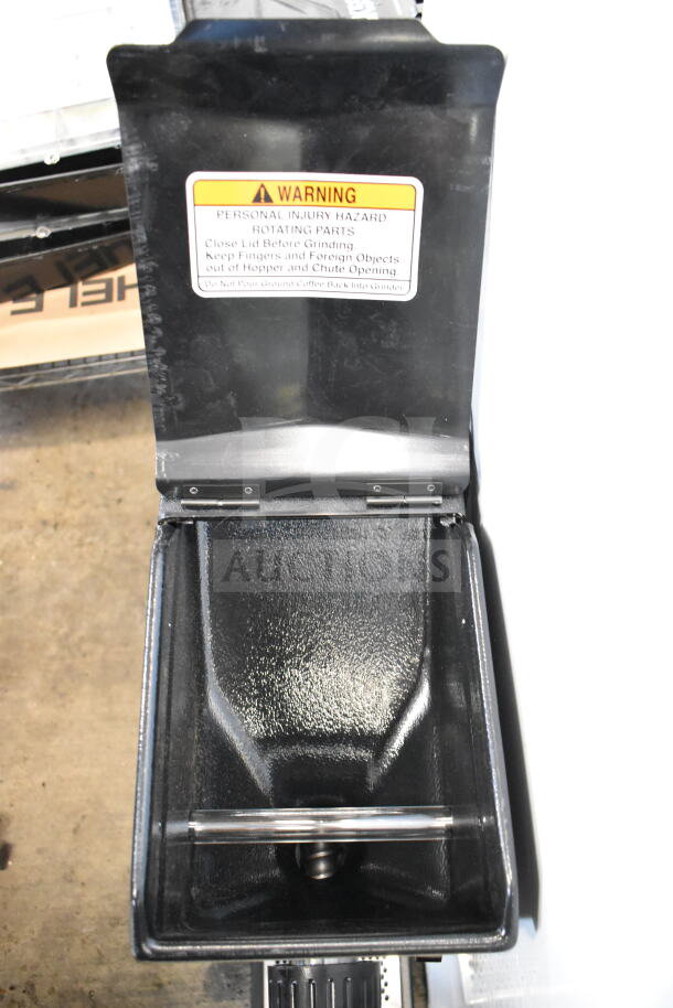 2025 Bunn G3 HD Coffee Grinder with warning label visible. 120 volts, 1 phase. Black, commercial countertop model.