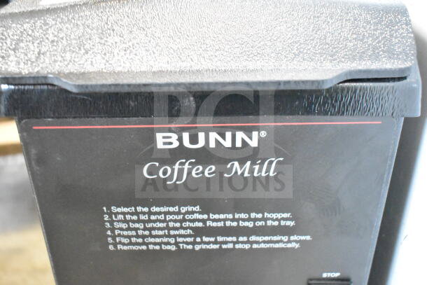 2025 Bunn G3 HD Commercial Coffee Bean Grinder. Black finish, detailed usage instructions on front. 120 Volts, 1 Phase.