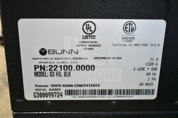 2025 Bunn G3 HD Commercial Coffee Grinder label showing model, serial number G300099724, and 120V specifications.