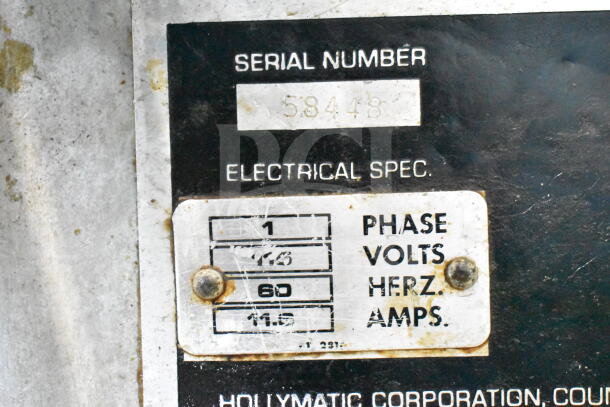 Hollymatic Commercial Patty Former, serial number 58448, 115V, 1 phase, on cart, electrical specs shown.