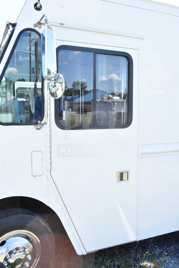 2021 Ford Step Van, white exterior, large side window, VIN 1F66F5KN3M0A01361, chrome side mirror, excellent condition.