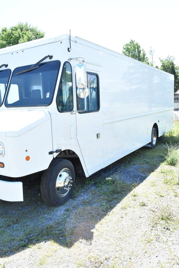 2021 Ford Step Van, white, excellent condition. VIN 1F66F5KN3M0A01361. Features chrome mirrors and large windshield.