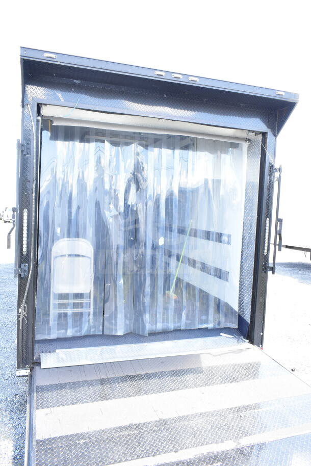 2020 Southern Dimensions 8.5x28 cold beverage/food trailer, open entry with clear strip curtains, model number not visible.