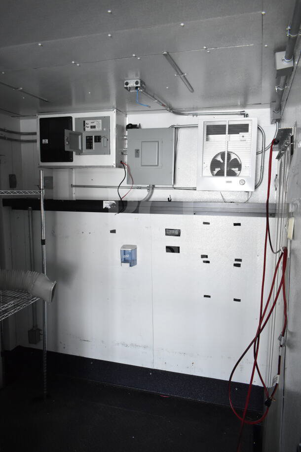 2020 Southern Dimensions 8.5x28 cold beverage/food trailer interior, features electrical panel, wiring, and ventilation.