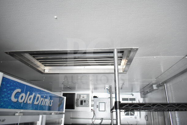 2020 Southern Dimensions 8.5x28 food trailer interior showing cooling vents, storage racks, and electrical panel.