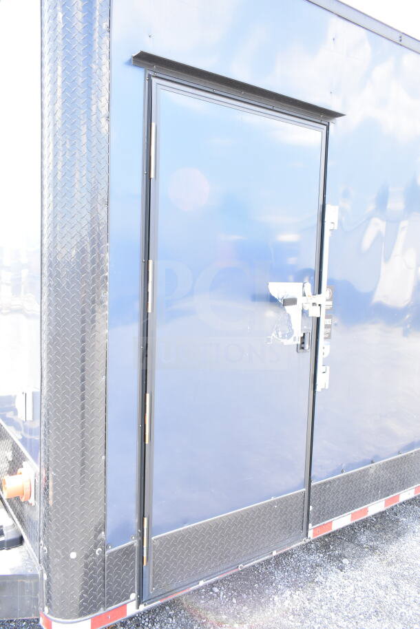2020 Southern Dimensions 8.5x28 cold beverage/food trailer with coolers and freezers, diamond plate siding, blue exterior.