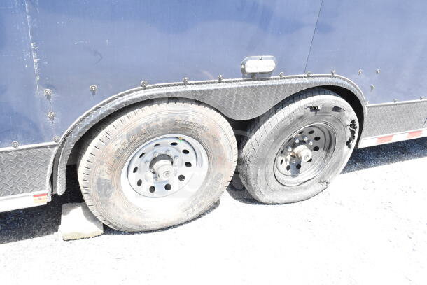 2020 Southern Dimensions 8.5x28 food trailer axle with two wheels; one damaged. Blue exterior, VIN 4S9S1EK20LW364346.