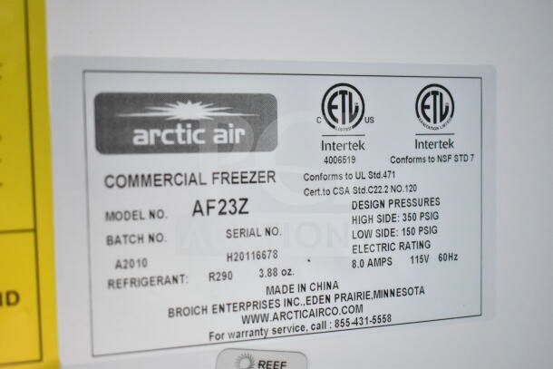 Label of an Arctic Air Commercial Freezer, Model AF23Z, refrigerant R290, made by Broich Enterprises, Eden Prairie, MN.