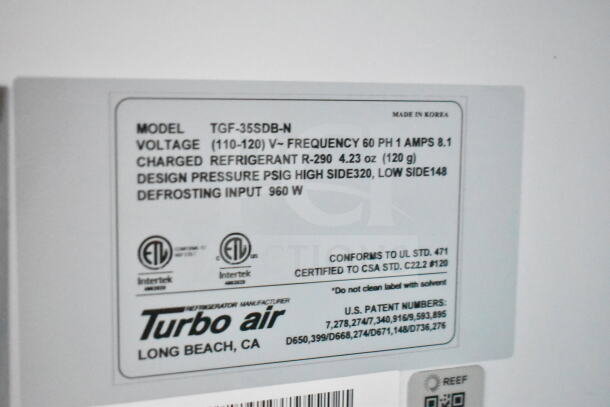 Label of Turbo Air refrigeration unit in a 2020 Southern Dimensions trailer, Model TGF-35SDB-N, voltage 110-120V, refrigerant R-290.