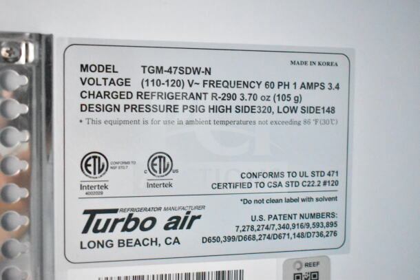 Label on Turbo Air refrigeration system, model TGM-47SDW-N, showing specifications and compliance certifications.