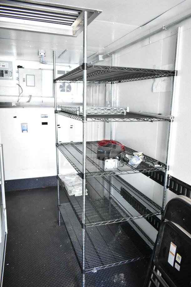2020 Southern Dimensions 8.5x28 beverage/food trailer, interior view with shelving, coolers, and freezers. VIN 4S9S1EK20LW364346.