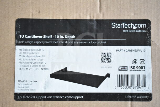 Box label for StarTech 1U Cantilever Shelf, 10-inch depth. Features multilingual description, QR code, and product specs.