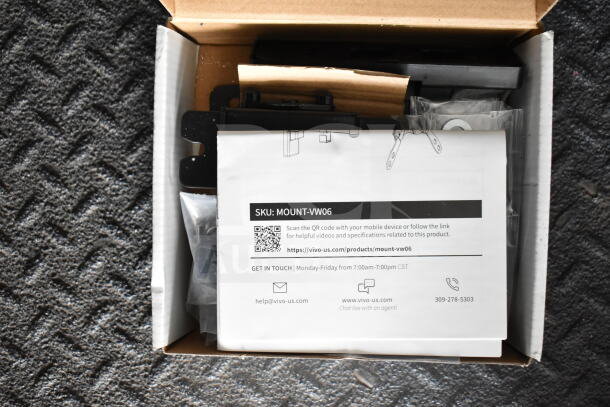 Box containing a Vivo wall mount kit for TVs or monitors, SKU: MOUNT-VW06, with contact info and a QR code for product details.