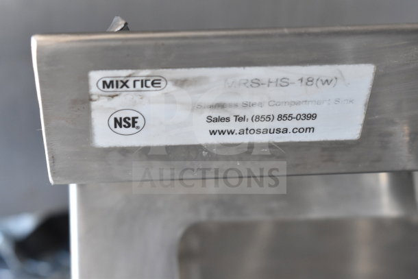 Label on a stainless steel compartment sink. Displays "Mix Rite", NSF logo, model MRS-HS-18(w), and contact details.