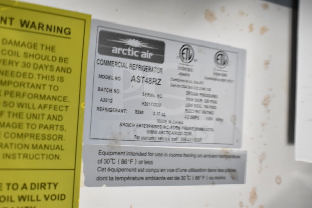 Label of Arctic Air commercial refrigerator model AST48RZ, featuring batch no. A2012 and refrigerant R290, 3.17 oz.