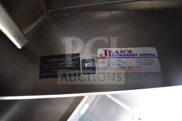 Labels on metal surface from Jean's Restaurant Supply with contact details and NSF certification logo.