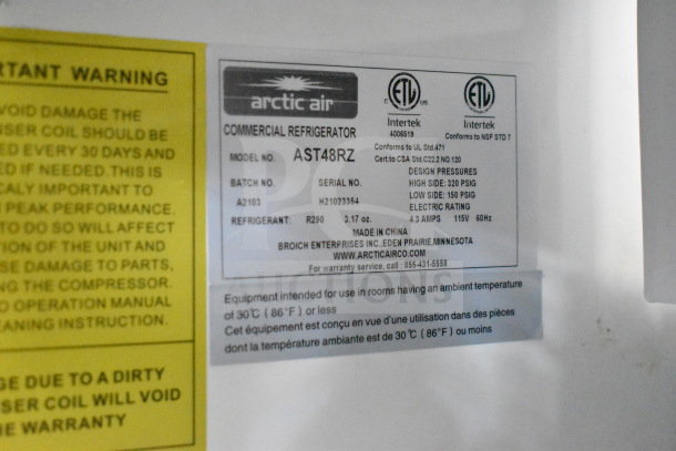 Label inside the 2021 Diamond Cargo food trailer. Shows Arctic Air commercial refrigerator specs, model AST48RZ, refrigerant R290.