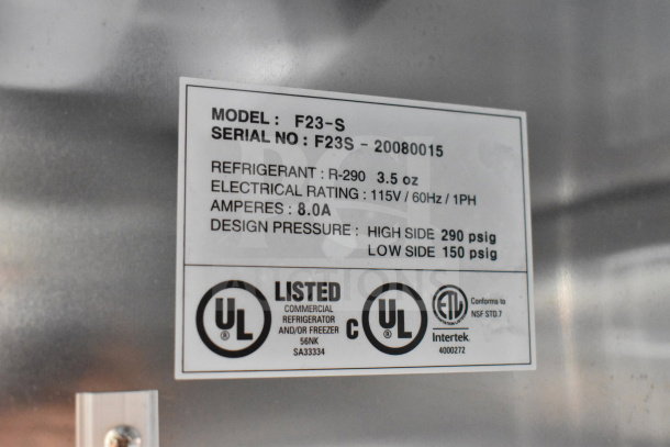 2021 Diamond Cargo food trailer label showing model F23-S, electrical rating, refrigerant, and UL certification.