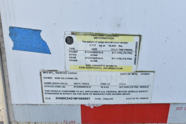 2021 Diamond Cargo 8.5x24 food trailer label, showing tire and load specs, VIN, and manufacturing details, in good condition.
