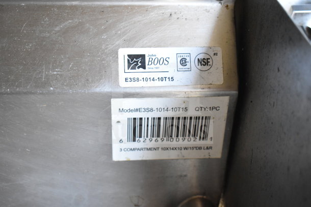 Alt text: "Image showing John Boos model label E3S8-1014-10T15 on stainless steel, NSF certified."