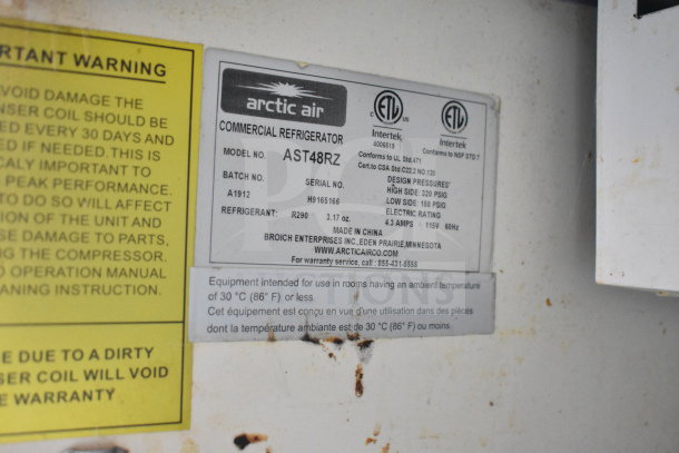 Arctic Air commercial refrigerator label in the Diamond Cargo food trailer, model AST48RZ, using R290 refrigerant.
