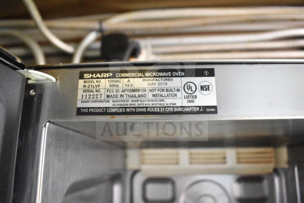 Sharp commercial microwave oven, Model R-21LVF, 120VAC, 60Hz, 14.0A, manufactured May 2019, UL and NSF listed.
