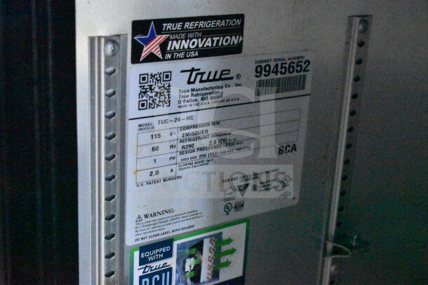 Label on True refrigeration unit in Diamond Cargo 2020 food trailer. Model TUC-24-HC, serial 9945652, uses R290 refrigerant.