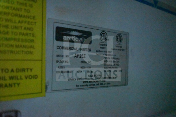 Arctic Air Commercial Freezer label, model AF23Z, batch A2003, refrigerant R290, 8.0 amps, 115V.

