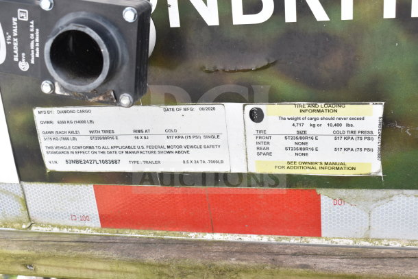 2020 Diamond Cargo 8.5x24 food trailer tag showing GVWR 6350 kg, VIN 53NBE2427L1083687, and tire info.