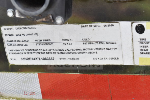 2020 Diamond Cargo food trailer label showing VIN 53NBE2427L1083687, 8.5x24 size, and 14,000 lb GVWR.