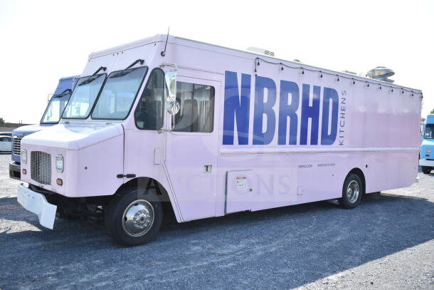 2020 Ford F59 food truck, pink exterior, "NBRHD Kitchens" branding, commercial kitchen setup, clean condition, VIN 1F66F5KN8L0A07302.
