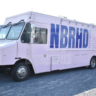 2020 Ford F59 food truck, pink exterior, "NBRHD Kitchens" branding, commercial kitchen setup, clean condition, VIN 1F66F5KN8L0A07302.