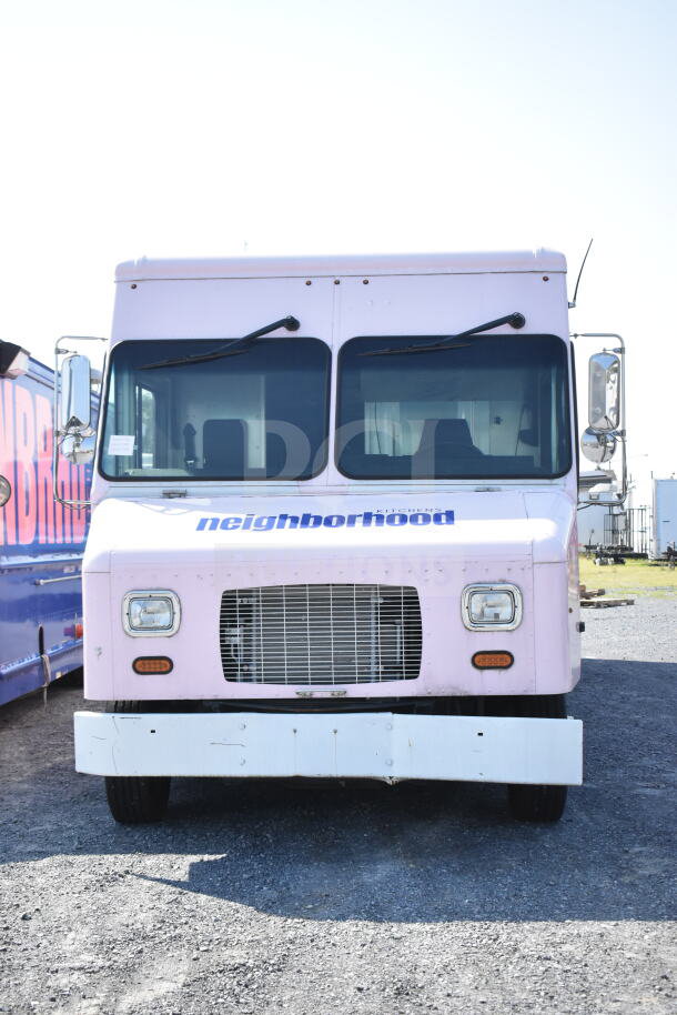 2020 Ford F59 Food Truck in pink, front view, with "neighborhood" branding, good condition, VIN 1F66F5KN8L0A07302.