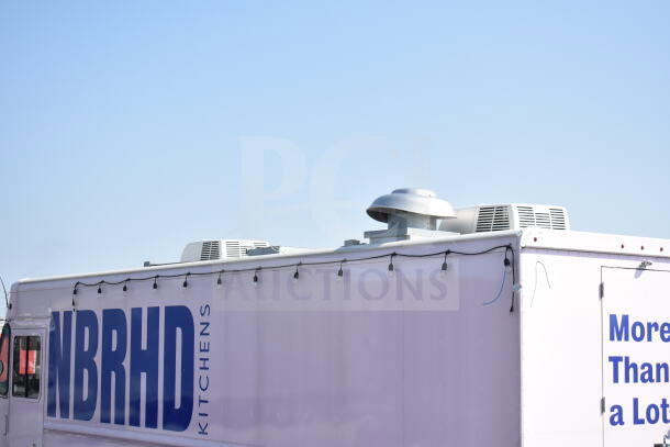 2020 Ford F59 Food Truck with HVAC units, white exterior, and "NBRHD Kitchens" branding. VIN 1F66F5KN8L0A07302.