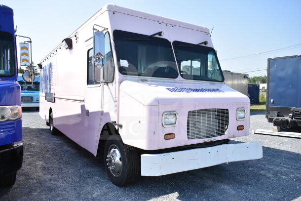2020 pink Ford F59 food truck in good condition with visible neighborhood branding and VIN 1F66F5KN8L0A07302 on display.