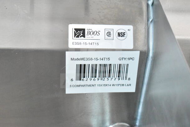 Vinyl label on 2020 Ford F59 Food Truck. John Boos logo, model E3S8-15-14T15, NSF certified, 3 compartment details.