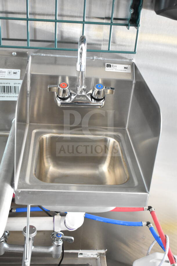 Stainless steel sink with hot and cold handles inside a 2020 Ford F59 food truck with NSF label.