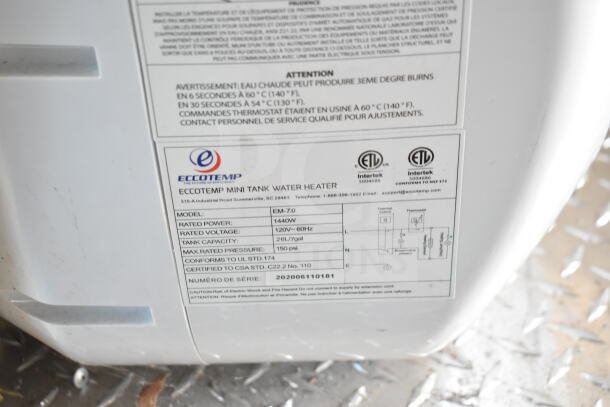 Label on Eccotemp Mini Tank Water Heater, Model EM-7.0; 1440W, 120V, 2.5 Gal capacity, pressure 150 psi. Serial: 202006110181.